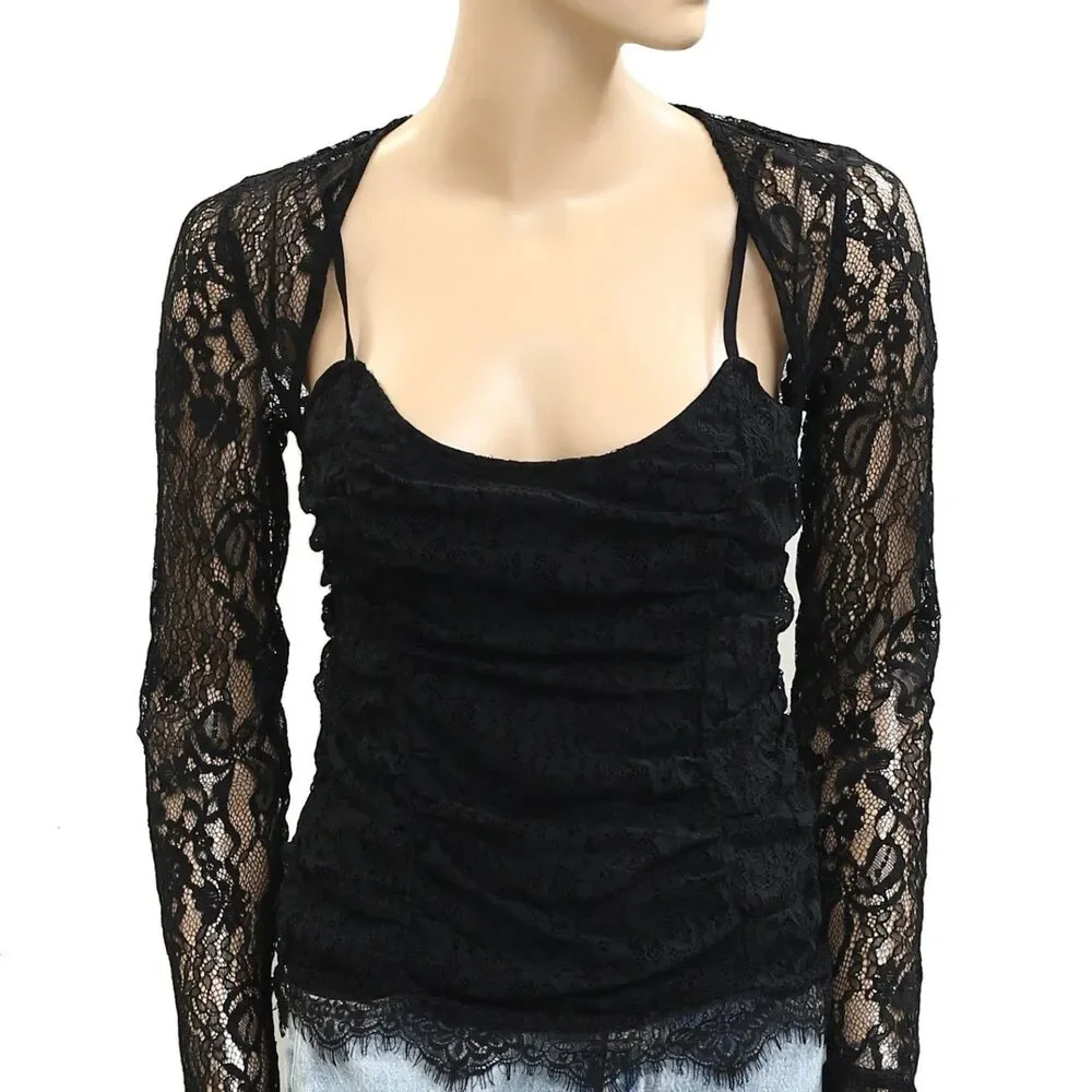 Free People Paloma Lace Blouse Top Long Sleeve Ruched Sheer Black S NEW 282135